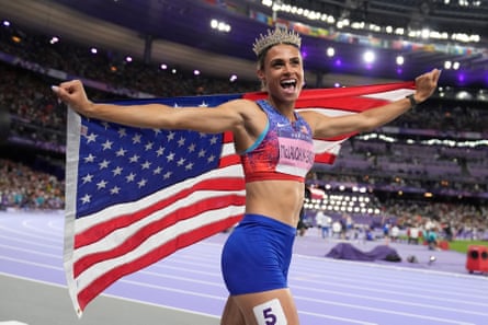 Sydney McLaughlin-Levrone, of the United States, celebrates after winning the women’s 400-meter hurdles final.