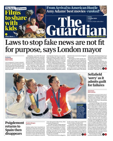 Front page of the Guardian 9 August 2024