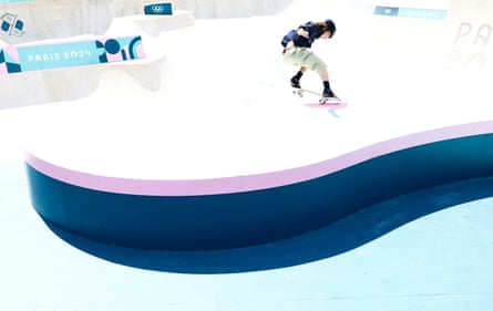 Gavin Bottger of the US in the preliminaries of the men’s park skateboard competition at La Concorde.