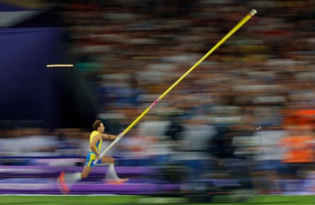 Armand Duplantis of Sweden sprints down the runway on his way to breaking the world record in the final of the men’s pole vault