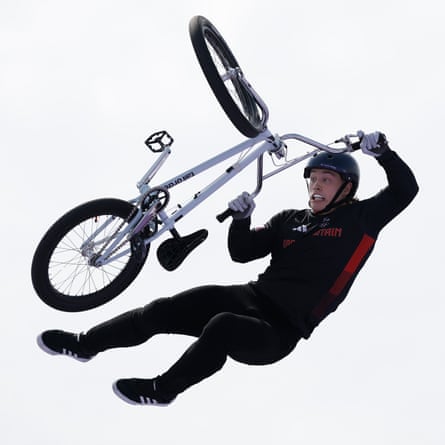 Kieran Reilly of Great Britain performs a trick on his final run during his silver medal winning performance during the men’s BMX freestyle final