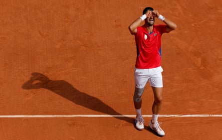 Novak Djokovic is overcome with emotion when winning an Olympic gold medal after his victory over Carlos Alcaraz in the men’s singles tennis final