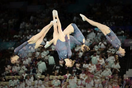 A multiple exposure shot of Britain’s Bryony Page during the qualifying rounds of the women’s trampoline gymnastics