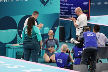 Britain’s Bryony Page celebrates after winning gold in the women’s trampoline gymnastics