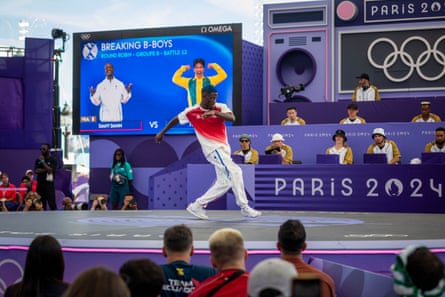 B-Boy Dany Dann of Team France during the round robins in the Breaking competition in the Place de la Concorde during the Paris Olympics 2024.