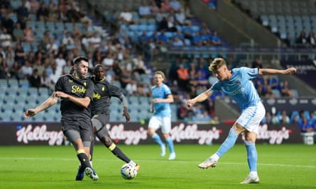 Michael Keane is powerless to prevent Victor Torp scoring Coventry’s third goal in their victory over Everton