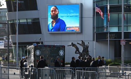 Security outside the memorial service for Nipsey Hussle in California, 2019.