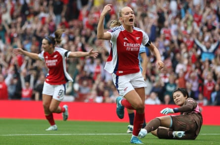 Goalkeeper Ayaka Yamashita watches Frida Maanum celebrate opening the scoring for Arsenal against Manchester City on 22 September