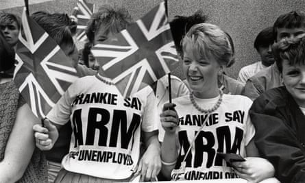 Frankie Goes to Hollywood fans wearing Frankie shirts outside the Tube studios.