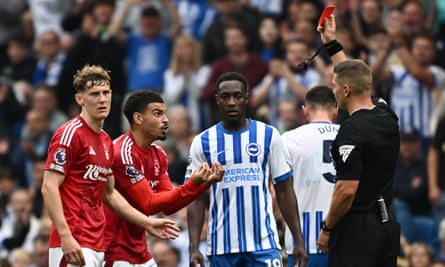 Morgan Gibbs-White (second left) is sent off