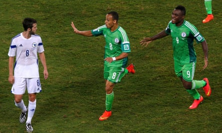 Peter Odemwingie revels in the moment after scoring the winner for Nigeria against Bosnia and Herzegovina at the 2014 World Cup.