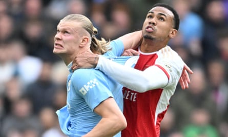 Title tussle: Arsenal’s defensive duo out to try and stop Erling Haaland again