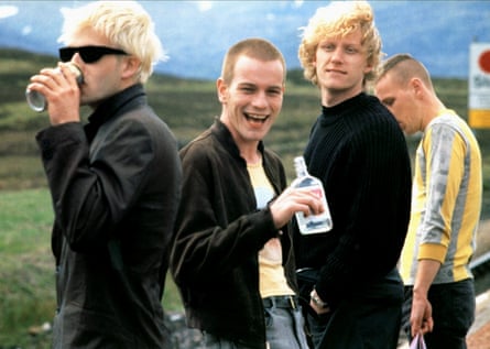 (L-r) Jonny Lee Miller, Ewan McGregor, Kevin McKidd and Ewen Bremner in Trainspotting (1995), based on Irvine Welsh’s book.