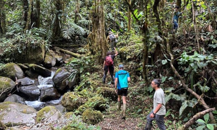 The group walking through the forest next to a river