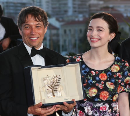 Mikey Madison alongside director Sean Baker as Anora wins the Palme d’Or at Cannes, May 2024.