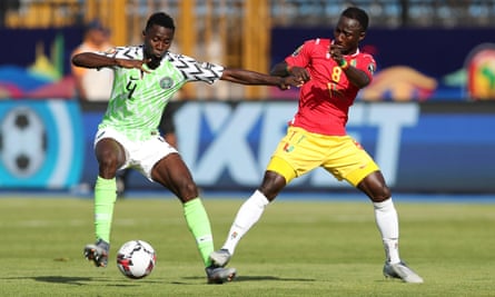 Nigeria’s Wilfred Ndidi in action with Guinea’s Naby Keita in 2019