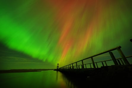 The lights over the causeway leading to Holy Island in Northumberland.