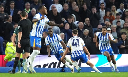 Danny Welbeck celebrates after scoring Brighton’s third goal against Spurs