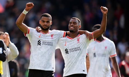 Cody Gakpo and Ryan Gravenberch celebrate Liverpool’s win at Crystal Palace