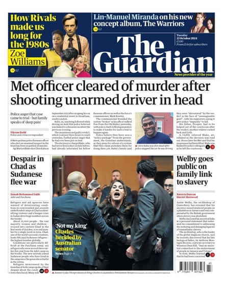 Guardian front page, Tuesday 22 October 2024