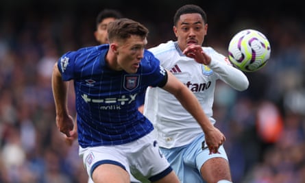 Ipswich’s Dara O’Shea tussles with Jacob Ramsey of Aston Villa.