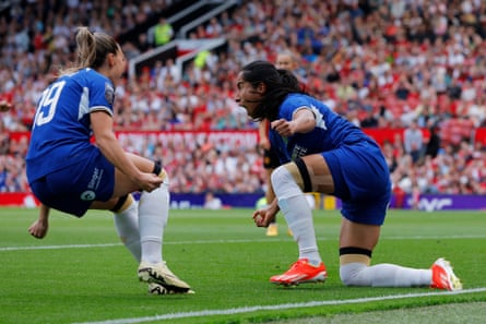 Mayra Ramírez celebrates scoring against Manchester United at Old Trafford in May.