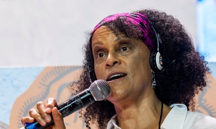 Bernardine Evaristo speaking into a microphone