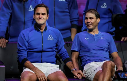 Roger Federer and Rafael Nadal in tears after their Laver Cup match against Frances Tiafoe and Jack Sock, the final match before Federer’s retirement in 2022.