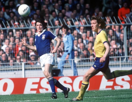 George Burley of Ipswich Town gets a cross in past Arsenal’s Sammy Nelson during Ipswich Town’s 1978 FA Cup final victory.