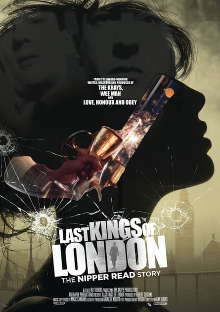 A poster with a silhouette of a woman’s head with a gun and some cracked glass over it 