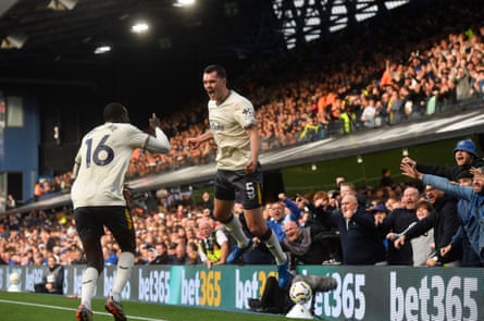 Everton’s Michael Keane celebrates scoring with Abdoulaye Doucouré at Ipswich Town.