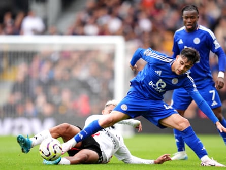 Leicester City’s Facundo Buonanotte (right) and Fulham’s Antonee Robinson battle for the ball.