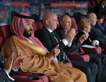 Saudi Arabia’s crown prince Mohammed bin Salman with Gianni Infantino at the 2018 World Cup in Russia.