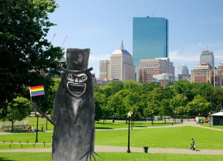 Photoshopped image showing the Babadook standing in a sunny park, holding a rainbow Pride flag.