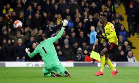 Watford’s Ismaïla Sarr scores their second goal against Liverpool in February 2020