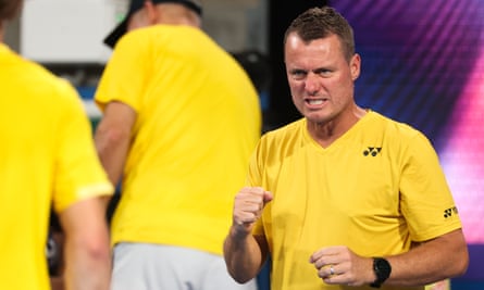 Australian captain Lleyton Hewitt cheers on Alex de Minaur after he beat Tomas Martin Etcheverry.