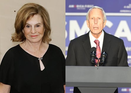 side-by-side images of a woman wearing a black dress and a man wearing a suit speaking at a podium