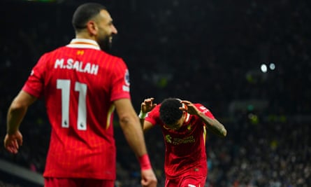 Luis Díaz hails Mohamed Salah after Salah scored for Liverpool against Spurs.