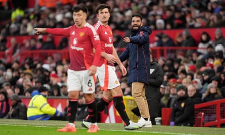 Ruben Amorim issues instructions to players at Old Trafford.