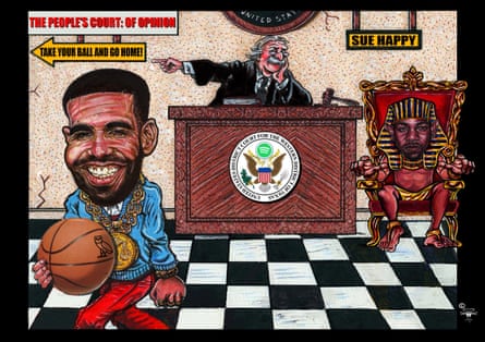 Cartoon of Drake and Kendrick Lamar legal action