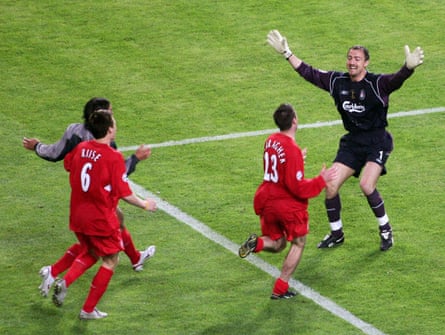 John Arne Riise and Jamie Carragher congratulate Jerzy Dudek after the penalty shootout win over Milan in the 2005 Champions League final.