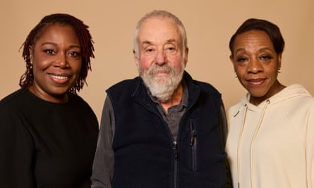 Austin with Mike Leigh and Marianne Jean-Baptiste at the 2025 Film Independent Spirit Awards nominees brunch in Santa Monica.