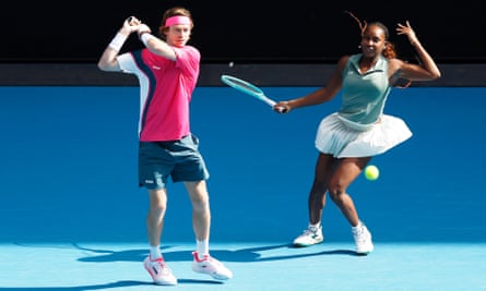 Andrey Rublev and Coco Gauff play a shot in their Mixed Doubles charity match against Daria Saville and Lleyton Hewitt ahead of the 2025 Australian Open.