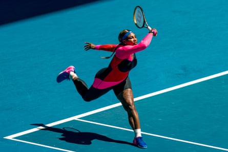 Serena Williams plays in a one-legged jumpsuit in 2021.