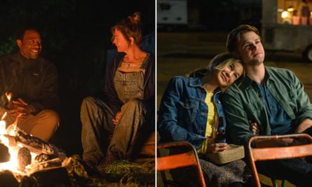 Two stills showing Bridget Jones with Mr Walliker beside a fire, and sitting next to Roxster on foldable chairs, leaning her head on his shoulder.