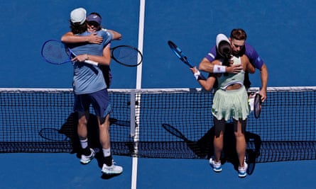 Australia’s Olivia Gadecki and John Peers embraced mixed doubles rivals Kimberly Birrell and John-Patrick Smith after the match.