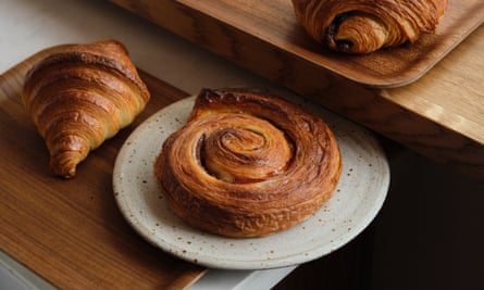 Three pastries on a plate and tray