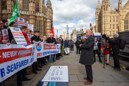 Lynch supports seafarers outside the Houses of Parliament in March 2023.