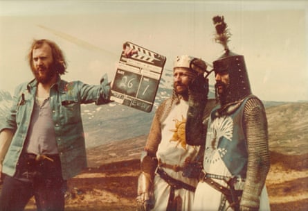 Roger Pratt, left, in an early job as a clapper loader on the set of Monty Python and the Holy Grail, 1974, with Graham Chapman, centre, and Terry Jones