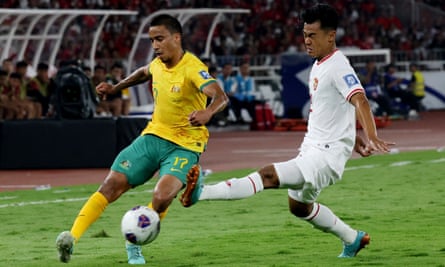 Australia’s Keanu Baccus in action with Pratama Arhan of Indonesia during a 2026 World Cup qualifier